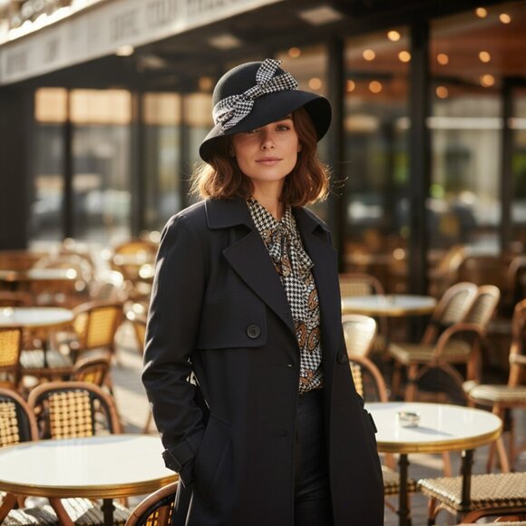 Women's Hats Designer Frank Olive Black Wool /Black White Bow Detail Hat - Picture 1 of 10